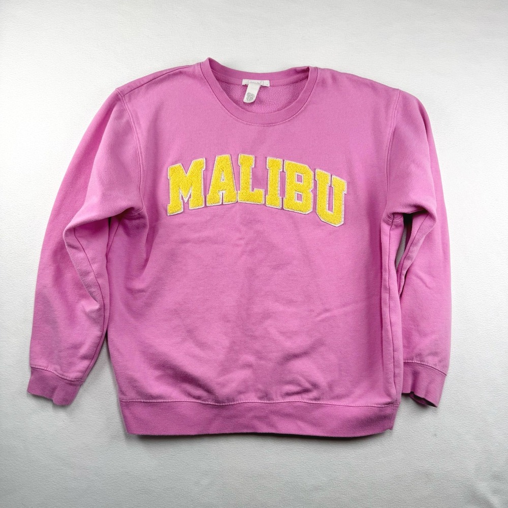 Full Tilt Womens Malibu Graphic Sweatshirt Pink Yellow Crewneck Fleece Small